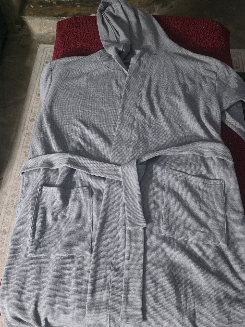 Mens Light Gray Waffle Knit Hooded Robe with Belt, Feel Luxurious, XXL